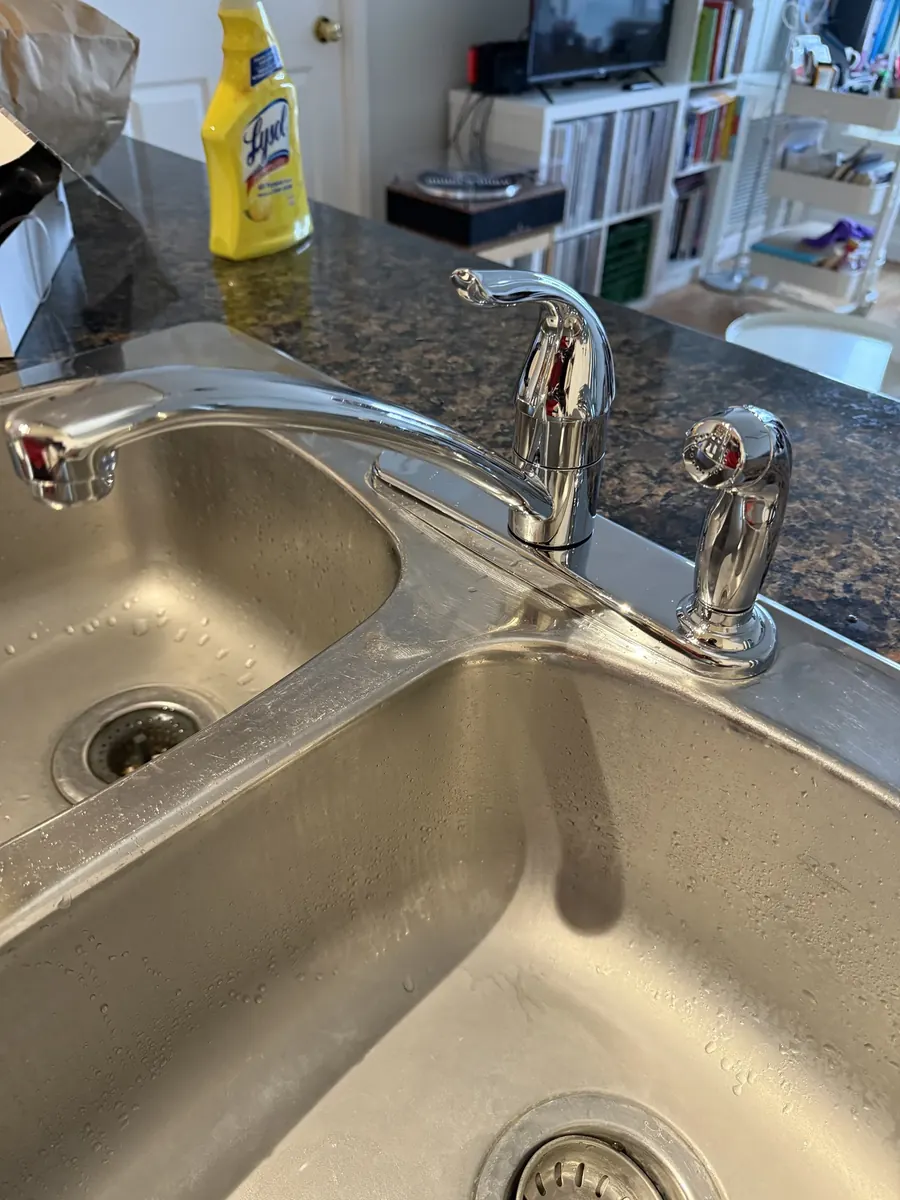 A chrome kitchen faucet with a side sprayer on a double stainless steel sink.